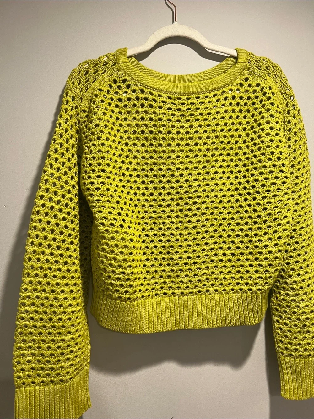 J Crew Women’s Lime Open-Knit Pullover Sweater with White Stripes
